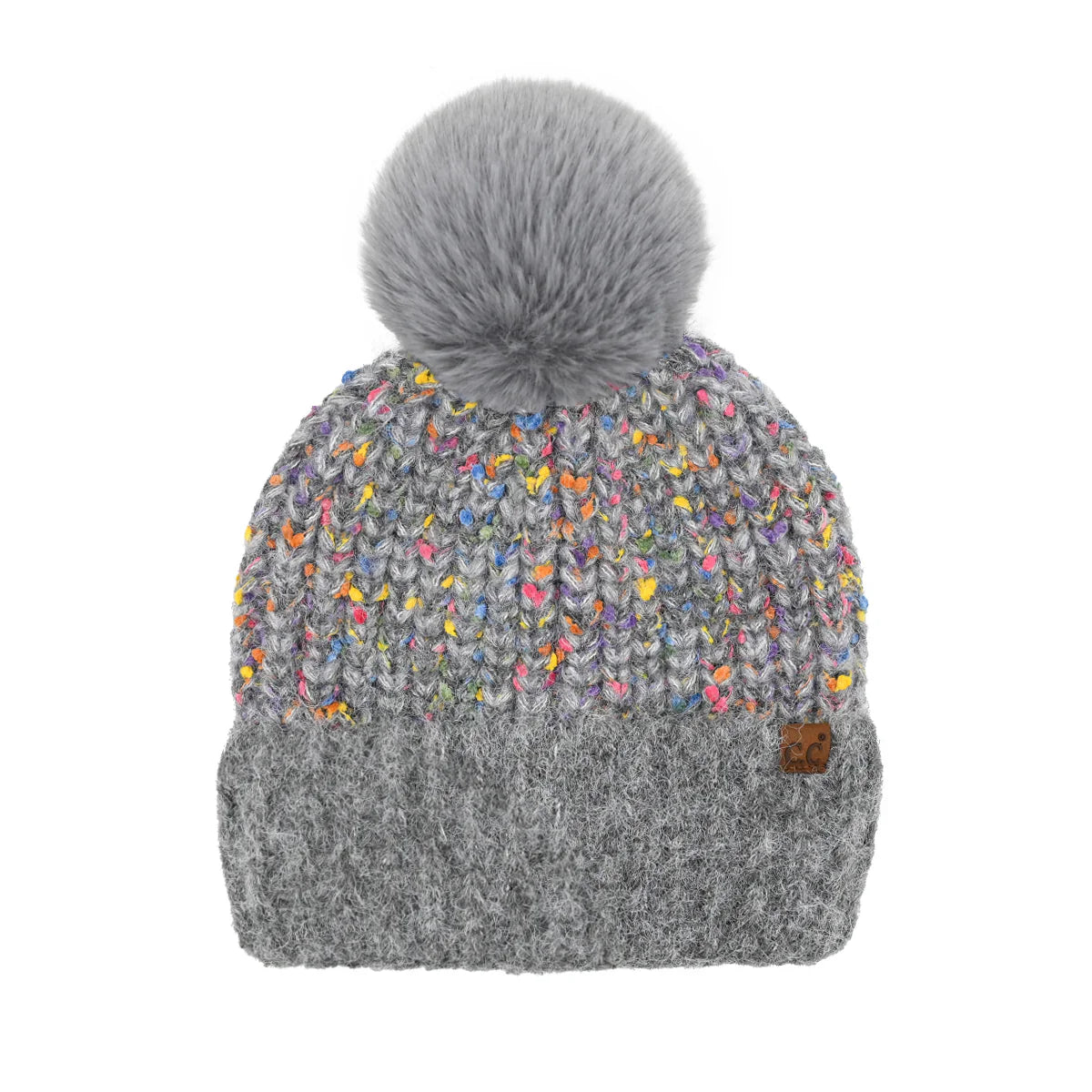 Grey Confetti Pom C.C Beanie blends cozy warmth with playful style. Crafted for comfort, its soft knit fabric ensures a snug fit that keeps you warm on chilly days. The colorful confetti speckles add a vibrant touch, while the fluffy pom-pom on top offers a classic, stylish finish. Perfect for everyday wear or outdoor activities, this beanie combines functionality with a trendy edge, making it a versatile accessory for any cold-weather wardrobe. 