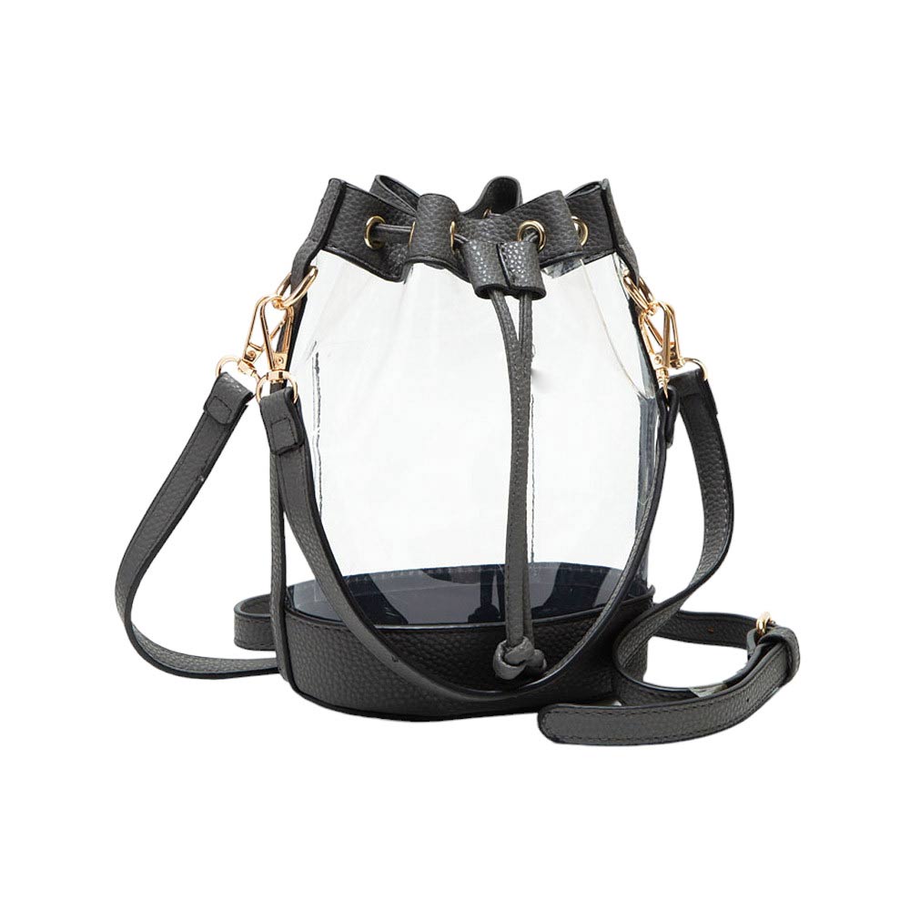 Gray-Solid Faux Leather Transparent Bucket Bag, The perfect accessory for your daily needs. Made of durable and trendy faux leather, this bag features a unique transparent design, allowing you to easily access your items while adding a touch of style to your outfit.