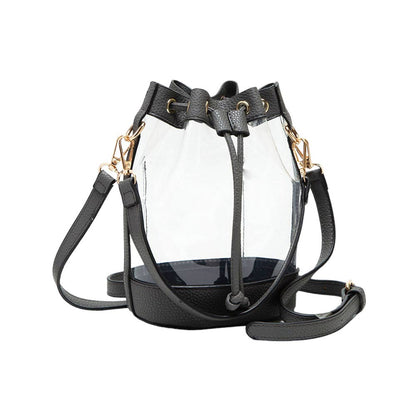 Gray-Solid Faux Leather Transparent Bucket Bag, The perfect accessory for your daily needs. Made of durable and trendy faux leather, this bag features a unique transparent design, allowing you to easily access your items while adding a touch of style to your outfit.
