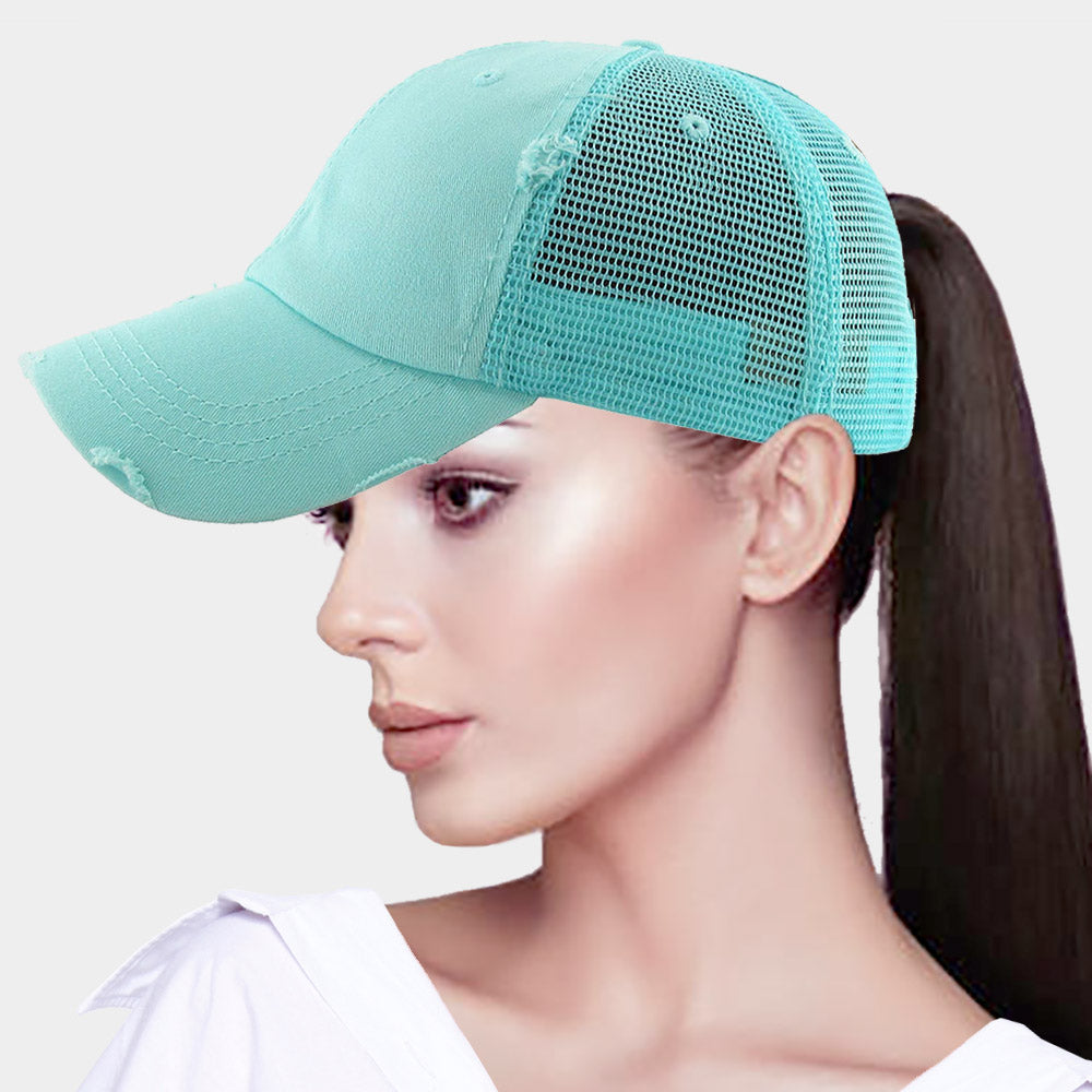 Madeline Love Light Blue Vintage Mesh Back Ponytail Baseball Cap - Hats