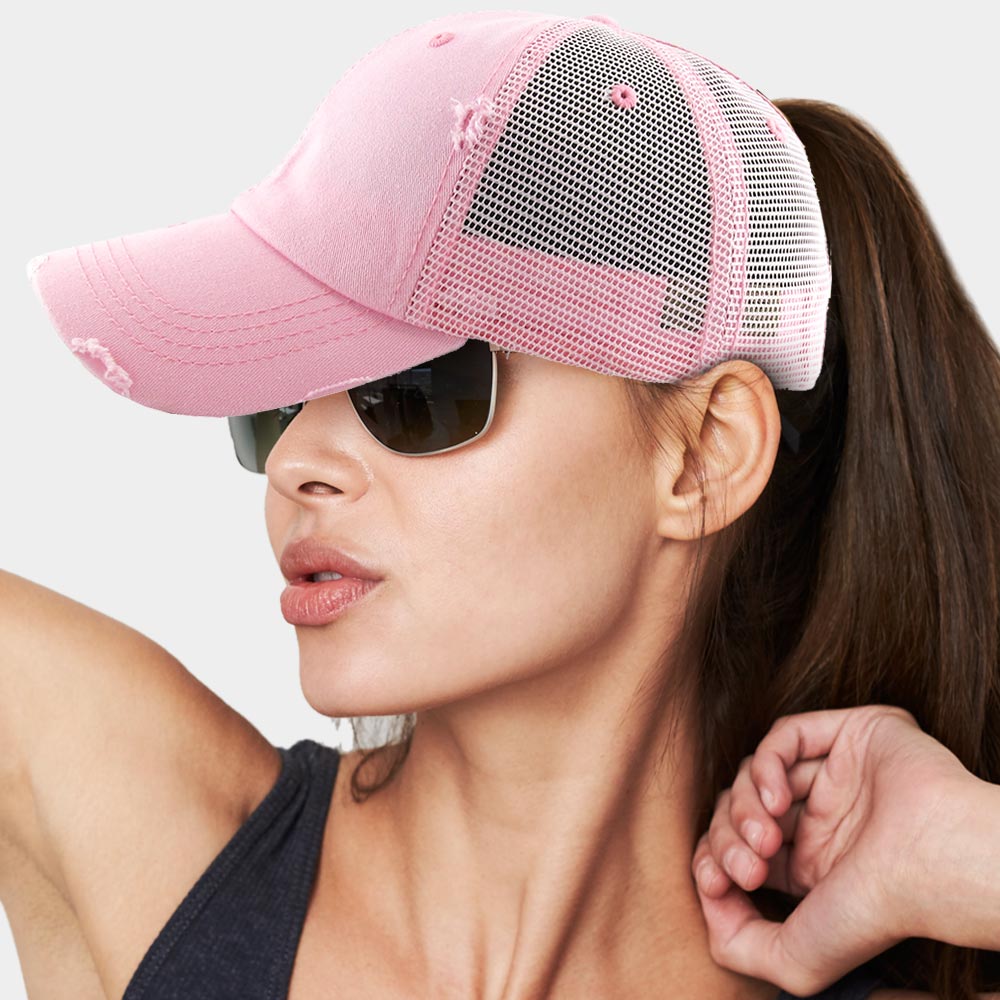 Madeline Love Pink Vintage Mesh Back Ponytail Baseball Cap - Hats