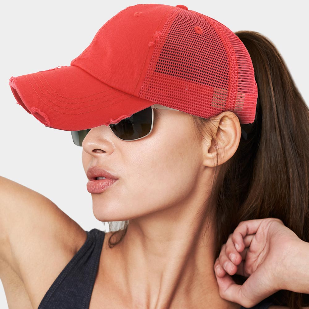 Madeline Love Red Vintage Mesh Back Ponytail Baseball Cap - Hats