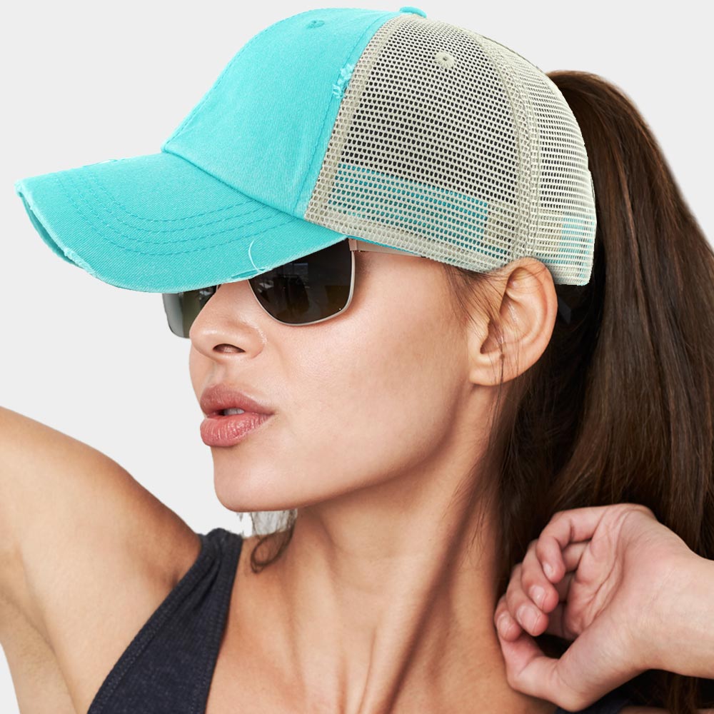 Madeline Love Turquoise Vintage Mesh Back Ponytail Baseball Cap - Hats