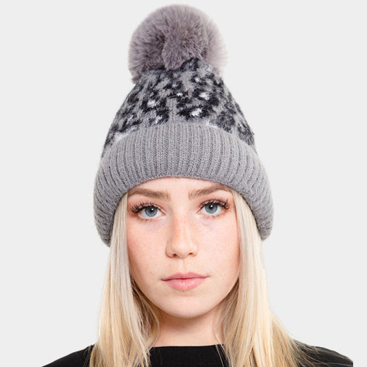 Gray Leopard Patterned Fuzzy Fleece Pom Pom Beanie Hat