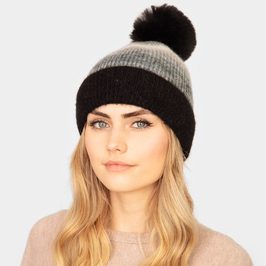 Black Tie Dye Fleece Pom Pom Beanie Hat