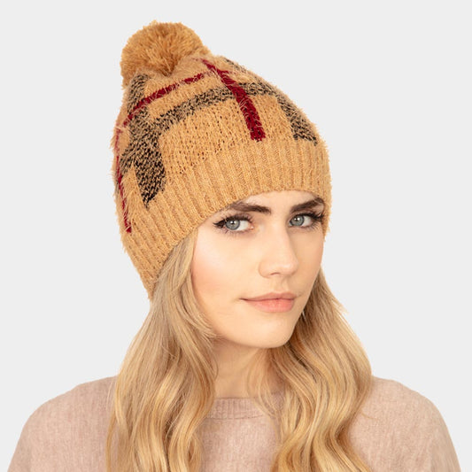 Taupe Plaid Check Patterned Pom Pom Beanie Hat