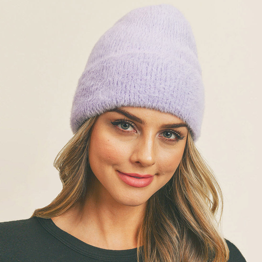 Purple Fuzzy Solid Beanie Hat