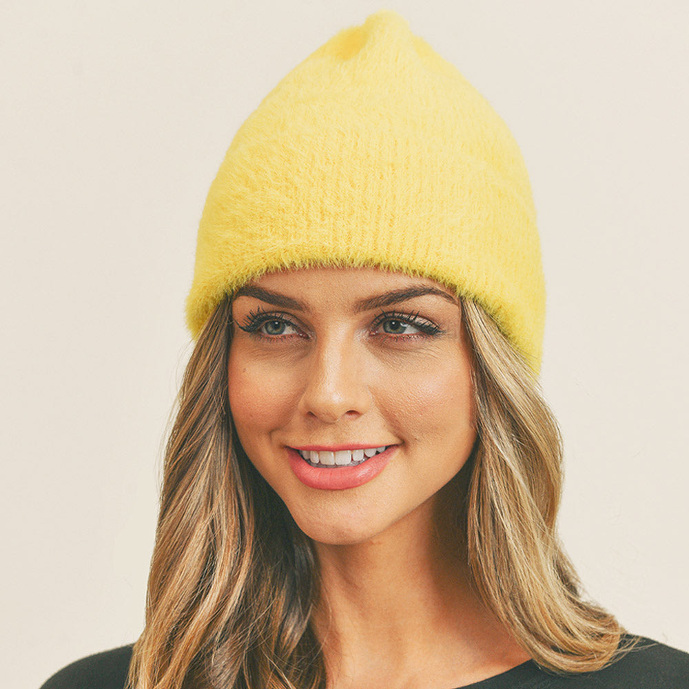 Yellow Fuzzy Solid Beanie Hat