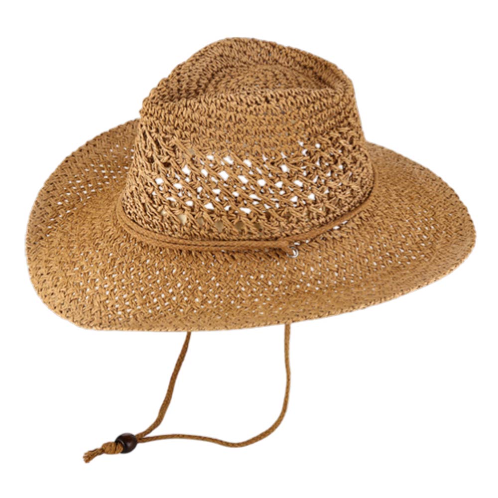 Madeline Love Khaki Woven Wide Brim Summer Beach Sun Fedora Hat - Hats - desc