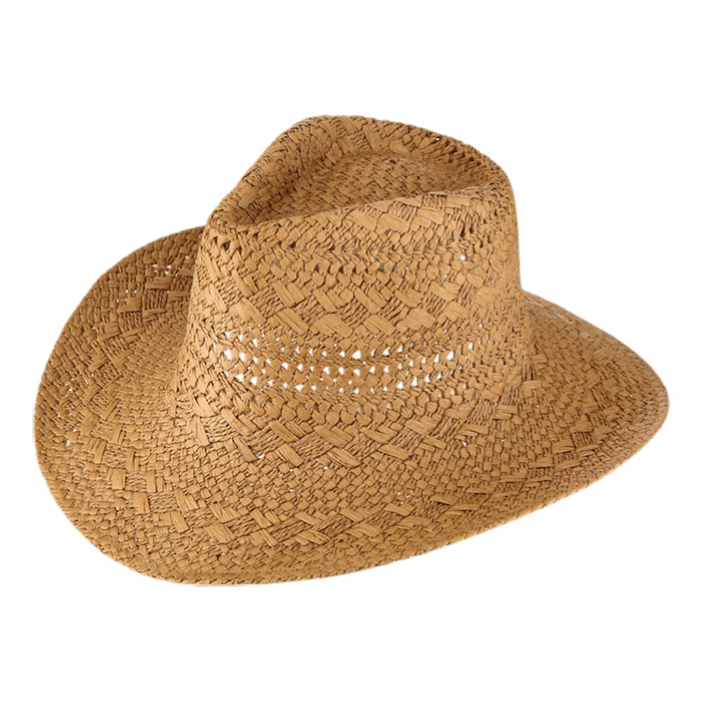Madeline Love Khaki Lightweight Breathable Decorative Pattern Raffia Woven Summer Fedora Sun Hat - Hats - desc