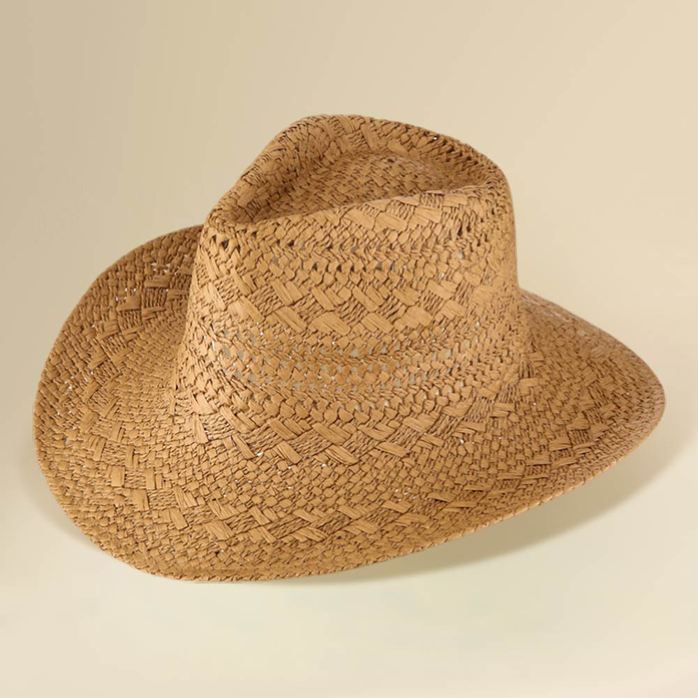 Madeline Love Khaki Lightweight Breathable Decorative Pattern Raffia Woven Summer Fedora Sun Hat - Hats - extra