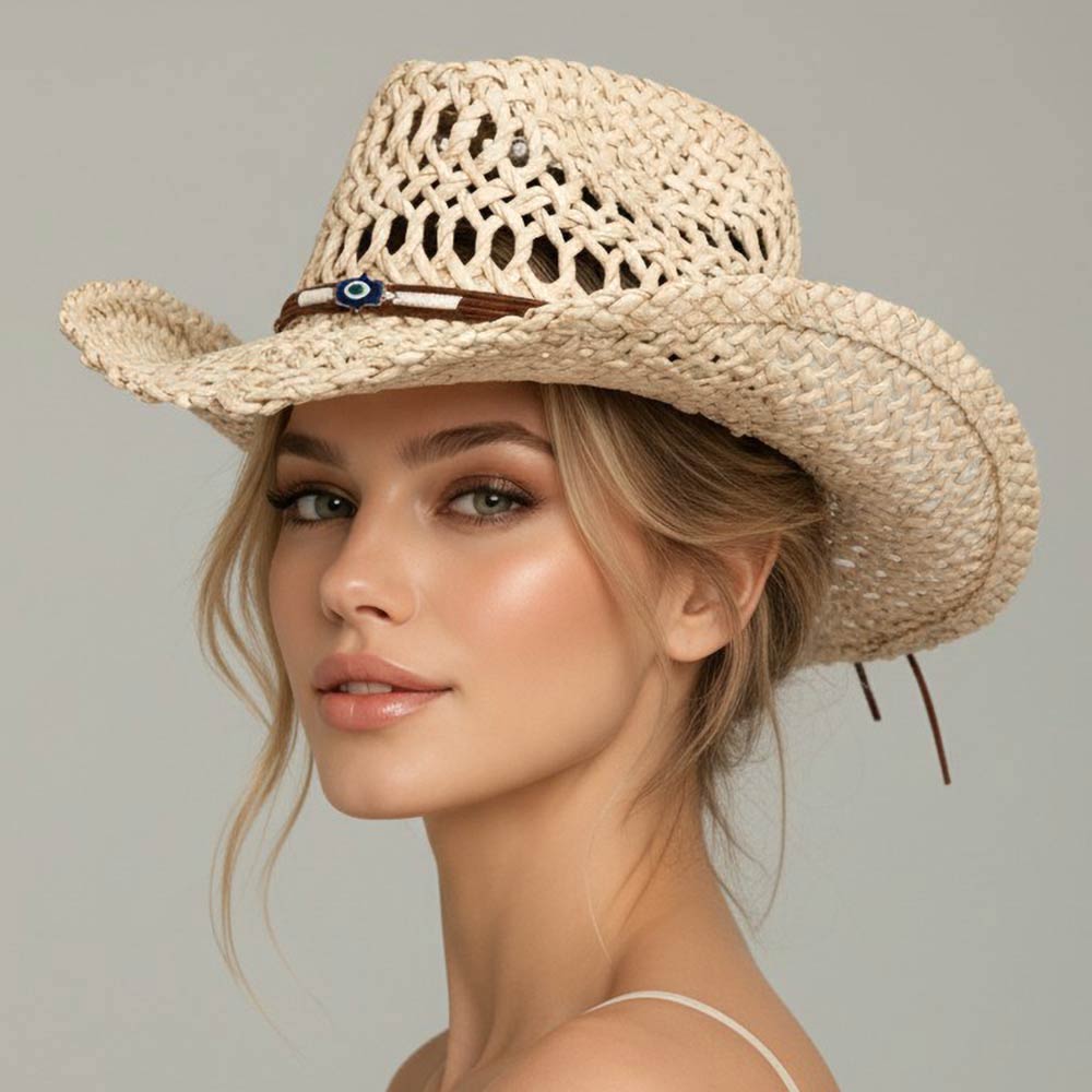 Madeline Love Beige, Brown Boho Western Hamsa Hand Accent Band Breathable Woven Cowboy Fedora Sun Hat - Hats