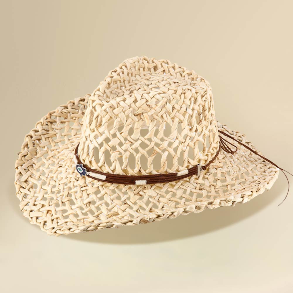 Madeline Love Beige, Brown Boho Western Hamsa Hand Accent Band Breathable Woven Cowboy Fedora Sun Hat - Hats - desc