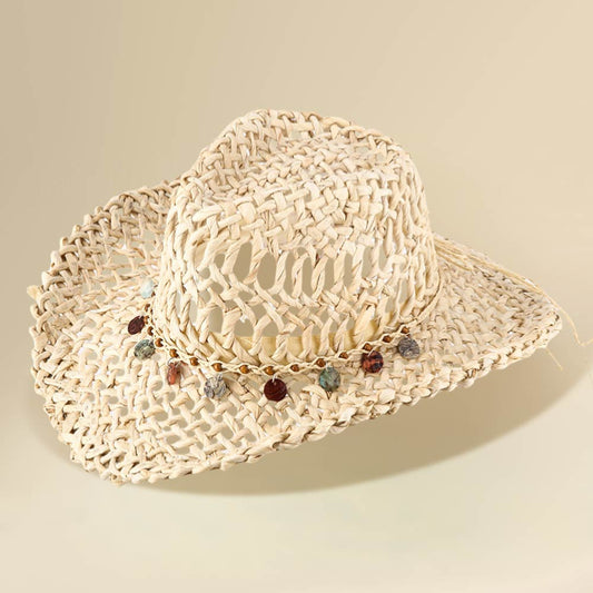 Madeline Love Beige, Multi Boho Western Stone Beaded Band Accent Breathable Woven Cowboy Fedora Sun Hat - Hats