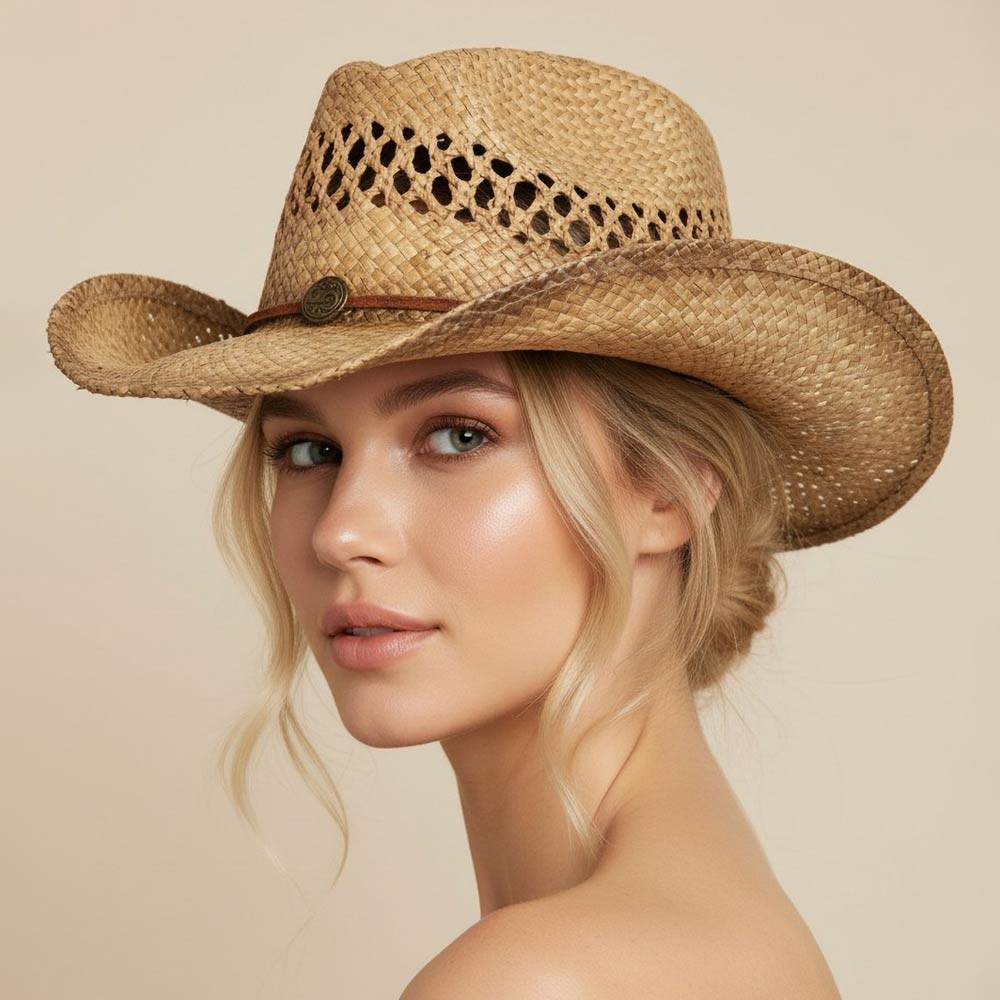 Madeline Love Khaki Boho Western Charm Accent Band Breathable Woven Cowboy Fedora Sun Hat - Hats
