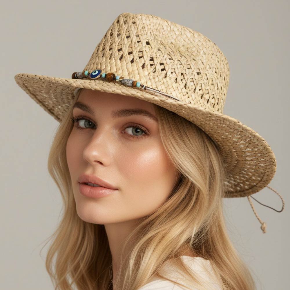 Madeline Love Beige Boho Evil Eye Accent Beaded Beaded Band Breathable Woven Western Summer Cowboy Fedora Sun Hat - Hats