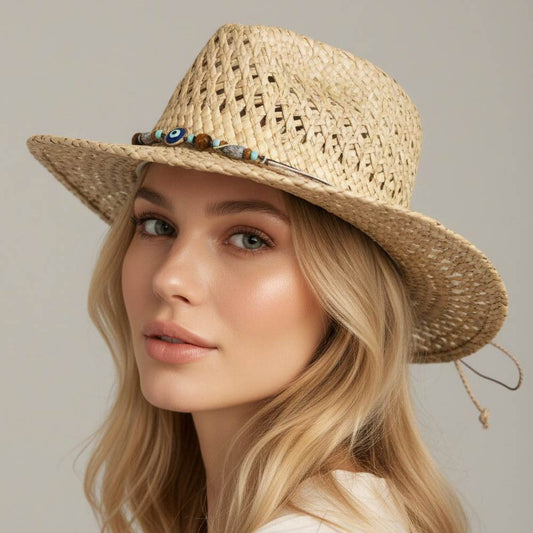 Madeline Love Beige Boho Evil Eye Accent Beaded Beaded Band Breathable Woven Western Summer Cowboy Fedora Sun Hat - Hats