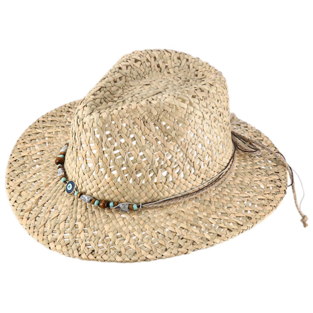 Madeline Love Beige Boho Evil Eye Accent Beaded Beaded Band Breathable Woven Western Summer Cowboy Fedora Sun Hat - Hats - extra