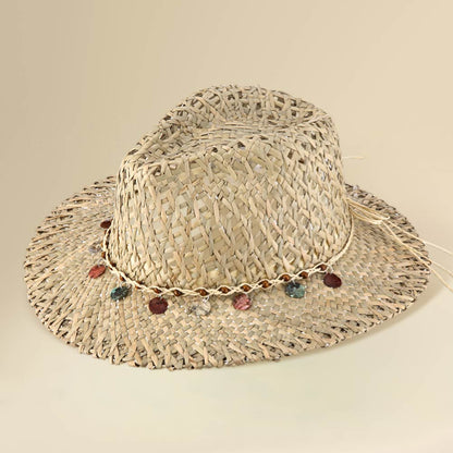 Madeline Love Beige Boho Western Stone Beaded Band Accent Breathable Woven Summer Fedora Sun Hat - Hats