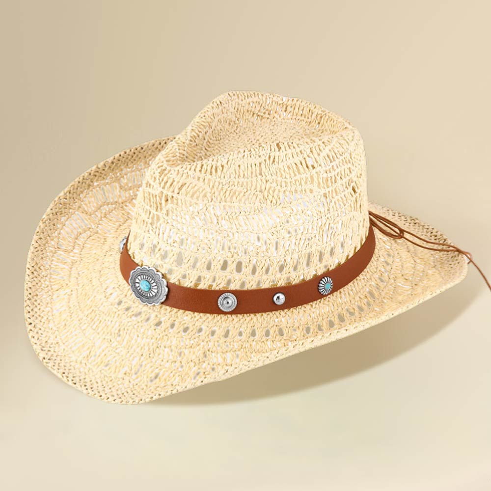 Madeline Love Beige Boho Decorative Band Accent Breathable Woven WEstern Cowboy Summer Fedora Sun Hat - Hats