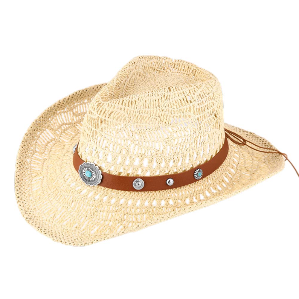 Madeline Love Beige Boho Decorative Band Accent Breathable Woven WEstern Cowboy Summer Fedora Sun Hat - Hats - desc