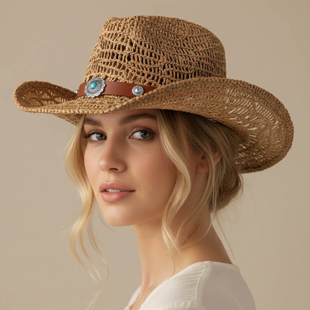 Madeline Love Khaki Boho Decorative Band Accent Breathable Woven WEstern Cowboy Summer Fedora Sun Hat - Hats