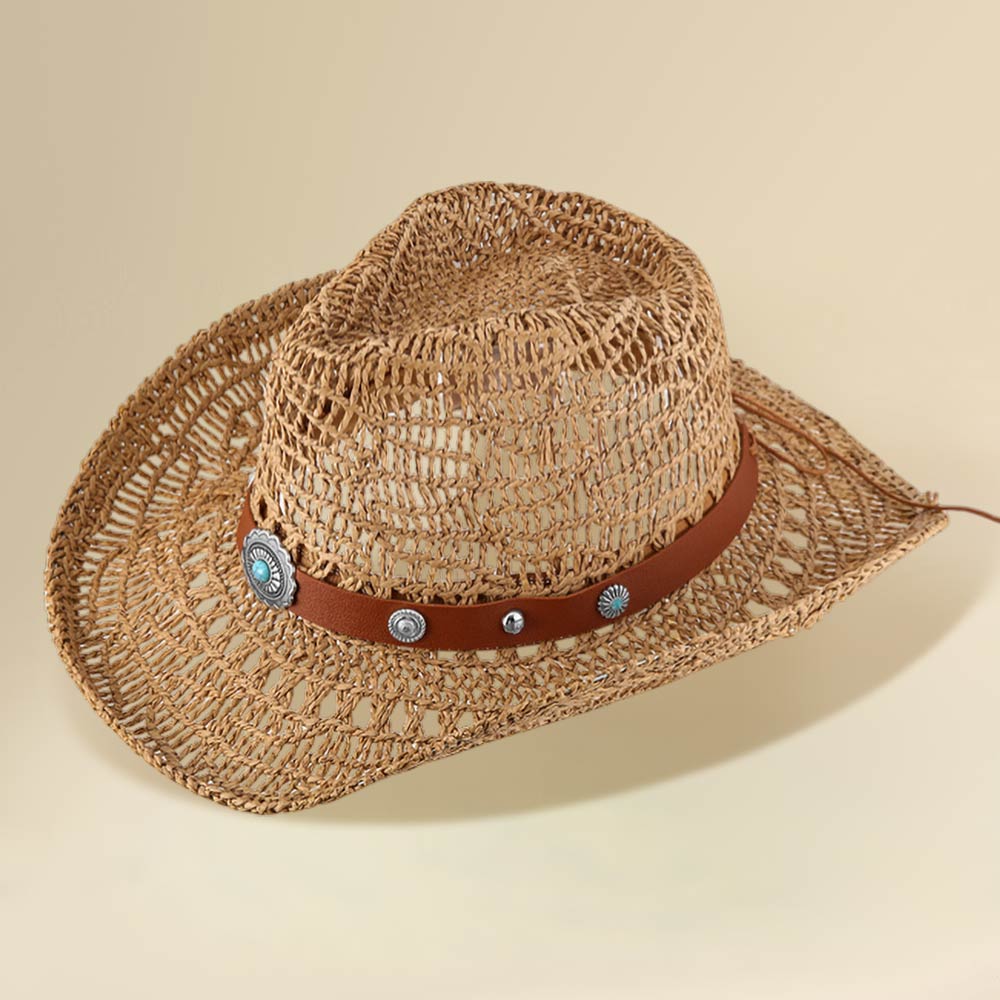 Madeline Love Khaki Boho Decorative Band Accent Breathable Woven WEstern Cowboy Summer Fedora Sun Hat - Hats - desc