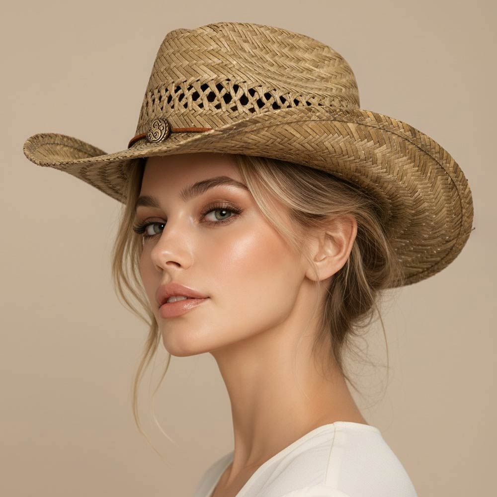 Madeline Love Khaki Boho Charm Accent Band Breathable Woven Western Cowboy Summer Fedora Sun Hat - Hats