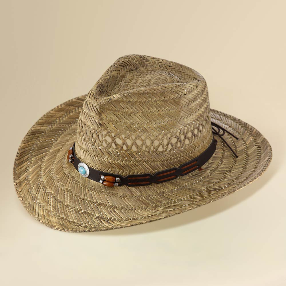 Madeline Love Khaki Boho Decorative Accent Band Breathable Woven Cowboy Fedora Sun Hat - Hats - desc