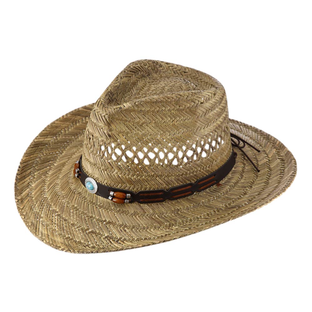 Madeline Love Khaki Boho Decorative Accent Band Breathable Woven Cowboy Fedora Sun Hat - Hats - extra