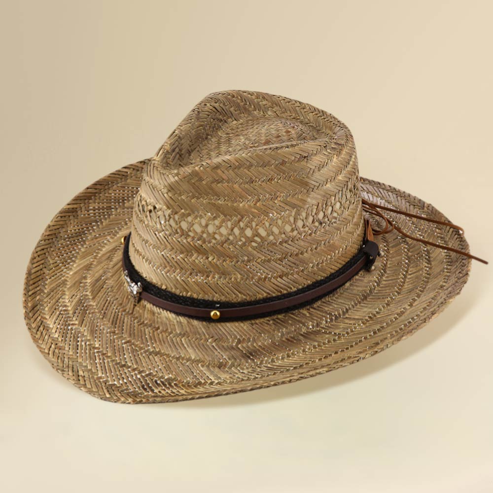 Madeline Love Khaki Boho Steer Head Accent Faux Leather Band Breathable Woven Cowboy Fedora Sun Hat - Hats