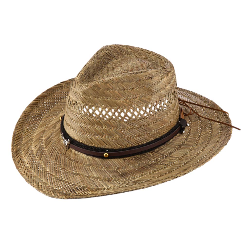 Madeline Love Khaki Boho Steer Head Accent Faux Leather Band Breathable Woven Cowboy Fedora Sun Hat - Hats - desc