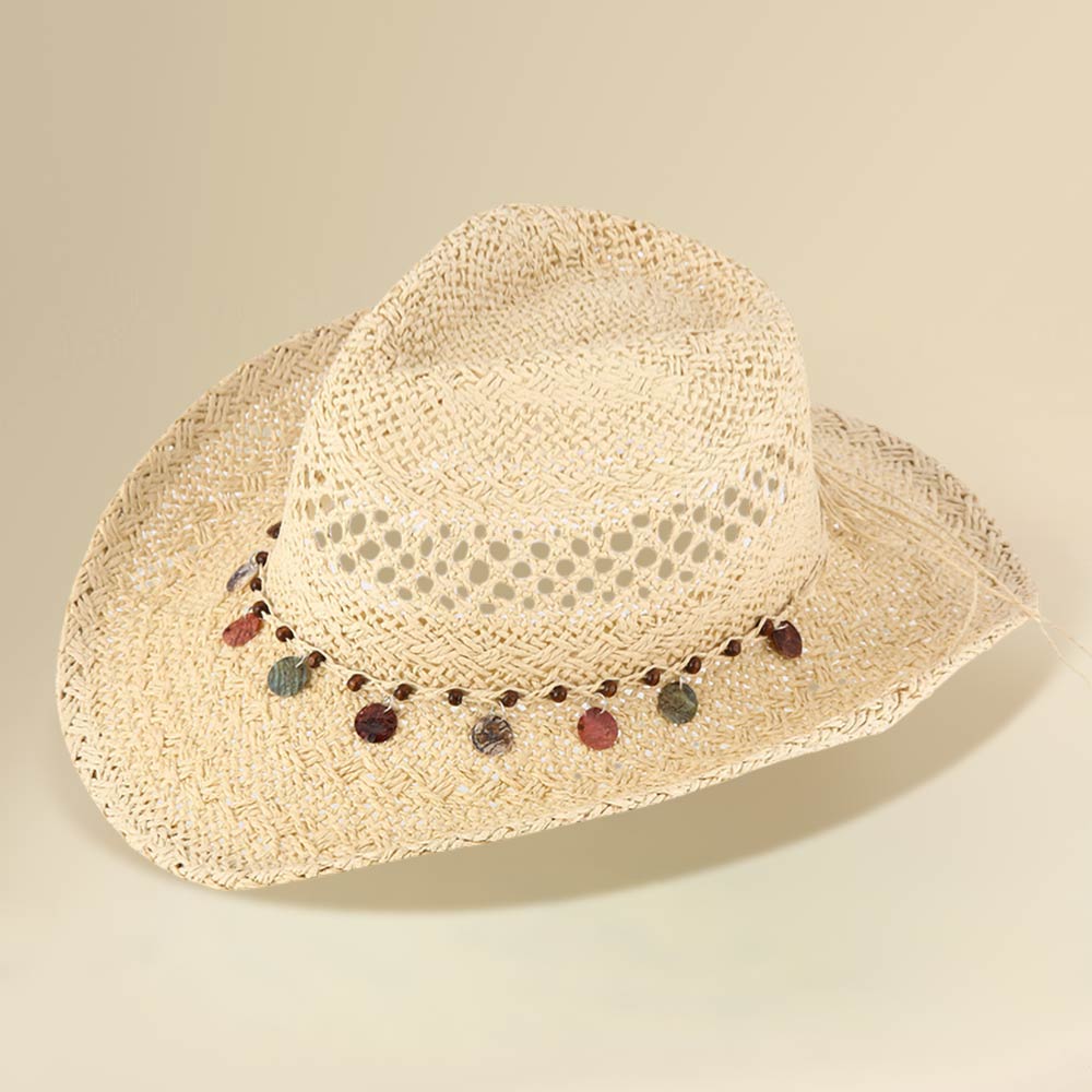 Madeline Love Beige Boho Decorative Charm Station Band Accent Western Woven Cowboy Summer Fedora Hat - Hats - desc