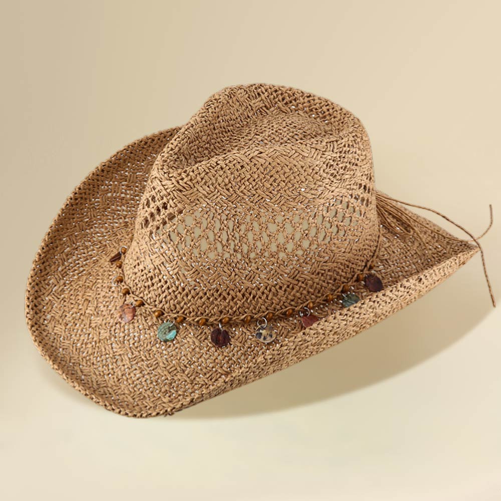 Madeline Love Khaki Boho Decorative Charm Station Band Accent Western Woven Cowboy Summer Fedora Hat - Hats