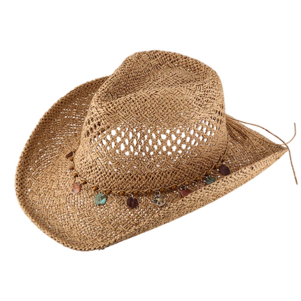 Madeline Love Khaki Boho Decorative Charm Station Band Accent Western Woven Cowboy Summer Fedora Hat - Hats - desc
