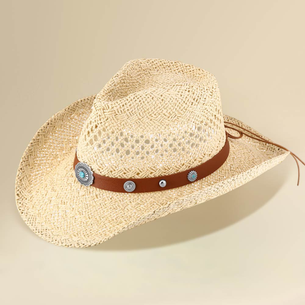 Madeline Love Beige Boho Decorative Band Accent Western Woven Cowboy Summer Fedora Hat - Hats