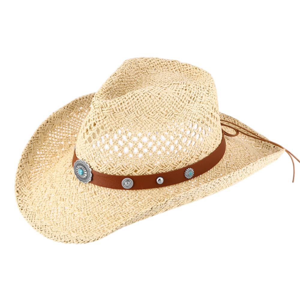 Madeline Love Beige Boho Decorative Band Accent Western Woven Cowboy Summer Fedora Hat - Hats - desc