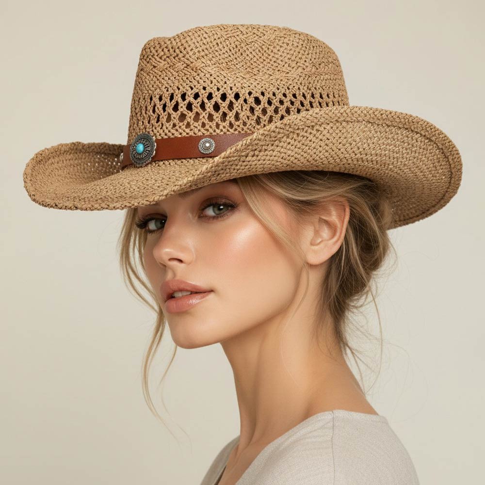 Madeline Love Khaki Boho Decorative Band Accent Western Woven Cowboy Summer Fedora Hat - Hats