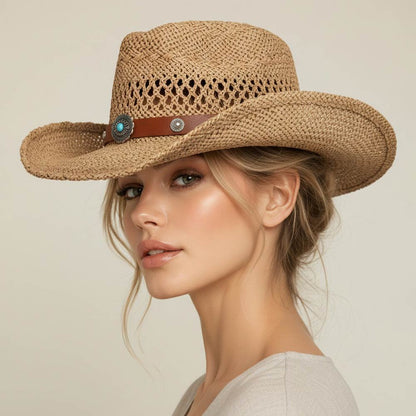 Madeline Love Khaki Boho Decorative Band Accent Western Woven Cowboy Summer Fedora Hat - Hats