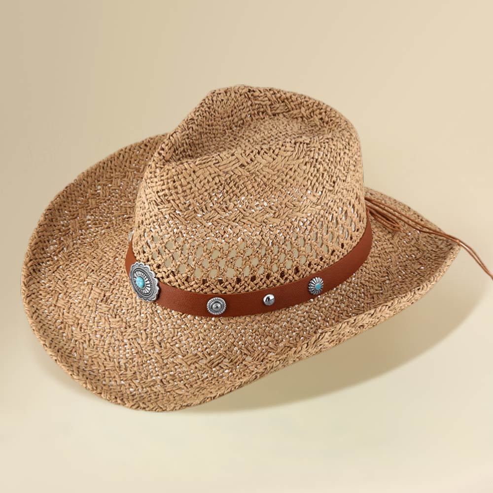 Madeline Love Khaki Boho Decorative Band Accent Western Woven Cowboy Summer Fedora Hat - Hats - desc
