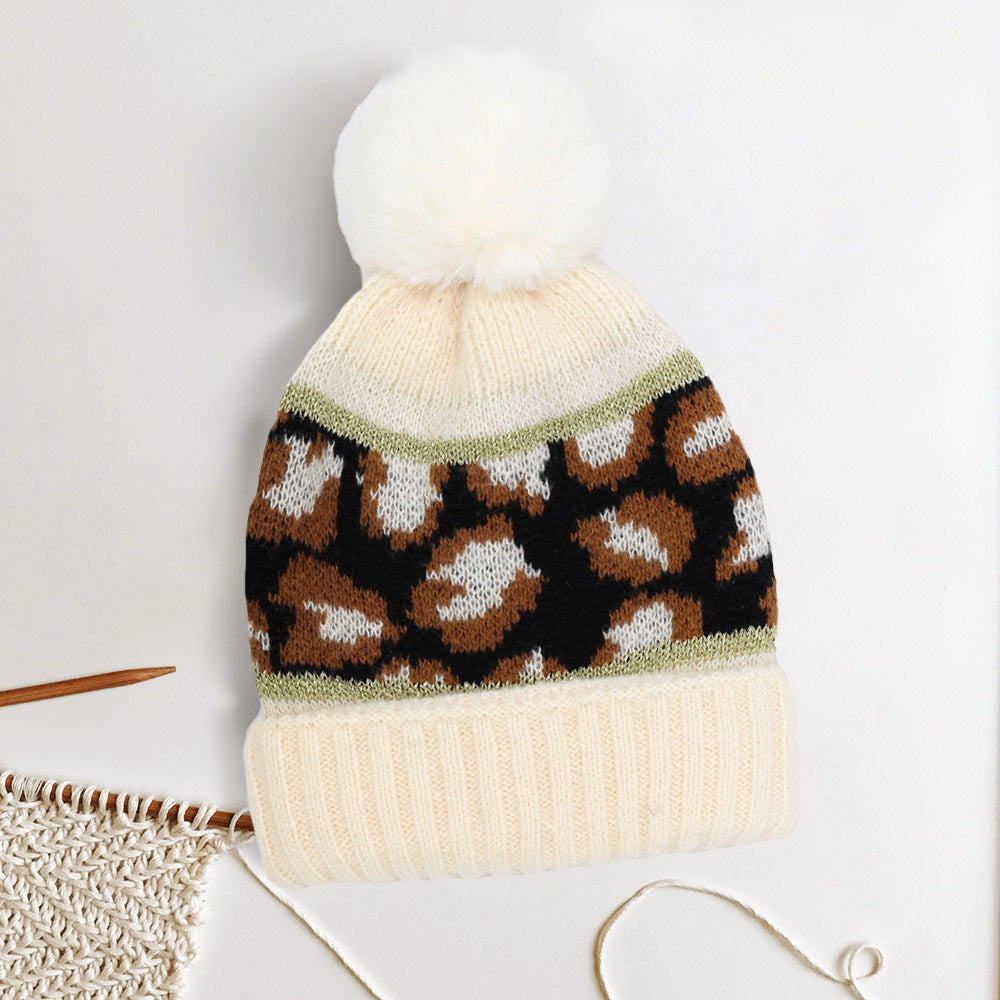 Ivory Leopard Patterned Pom Pom Beanie Hat