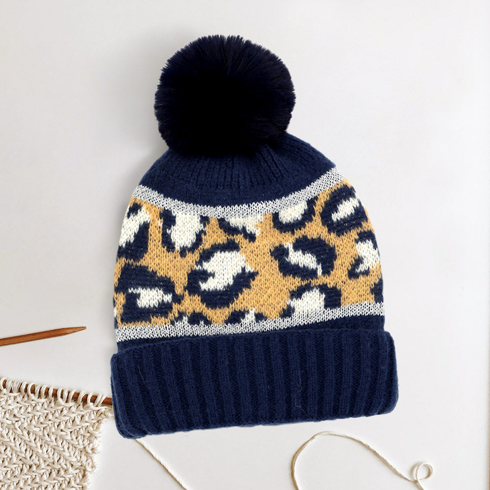 Navy Leopard Patterned Pom Pom Beanie Hat