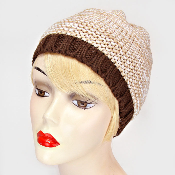 Brown Color Block Knit Beanie Hat