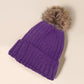 Purple Solid Knit Faux Fur Pom Pom Beanie Hat
