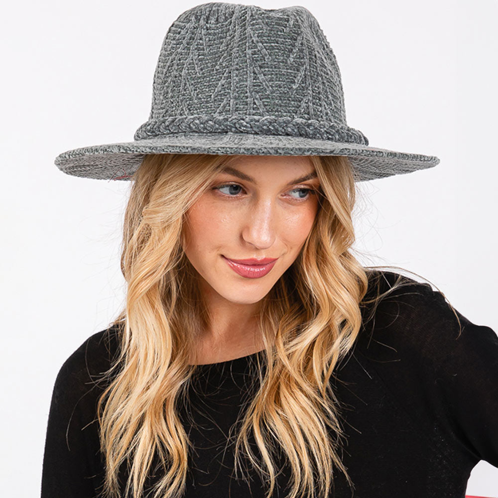 Denim Chenille Pattern Fedora Hat with Braided Band