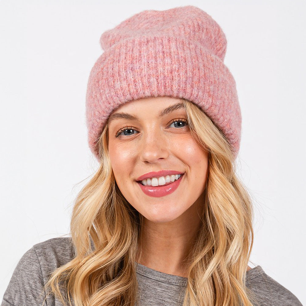 Pink Wool Blended Solid Fuzzy Beanie Hat