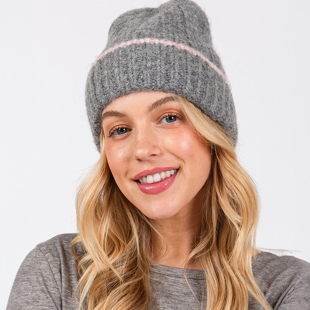 Madeline Love Charcoal Two Tone Line Detailed Beanie Hat - Hats