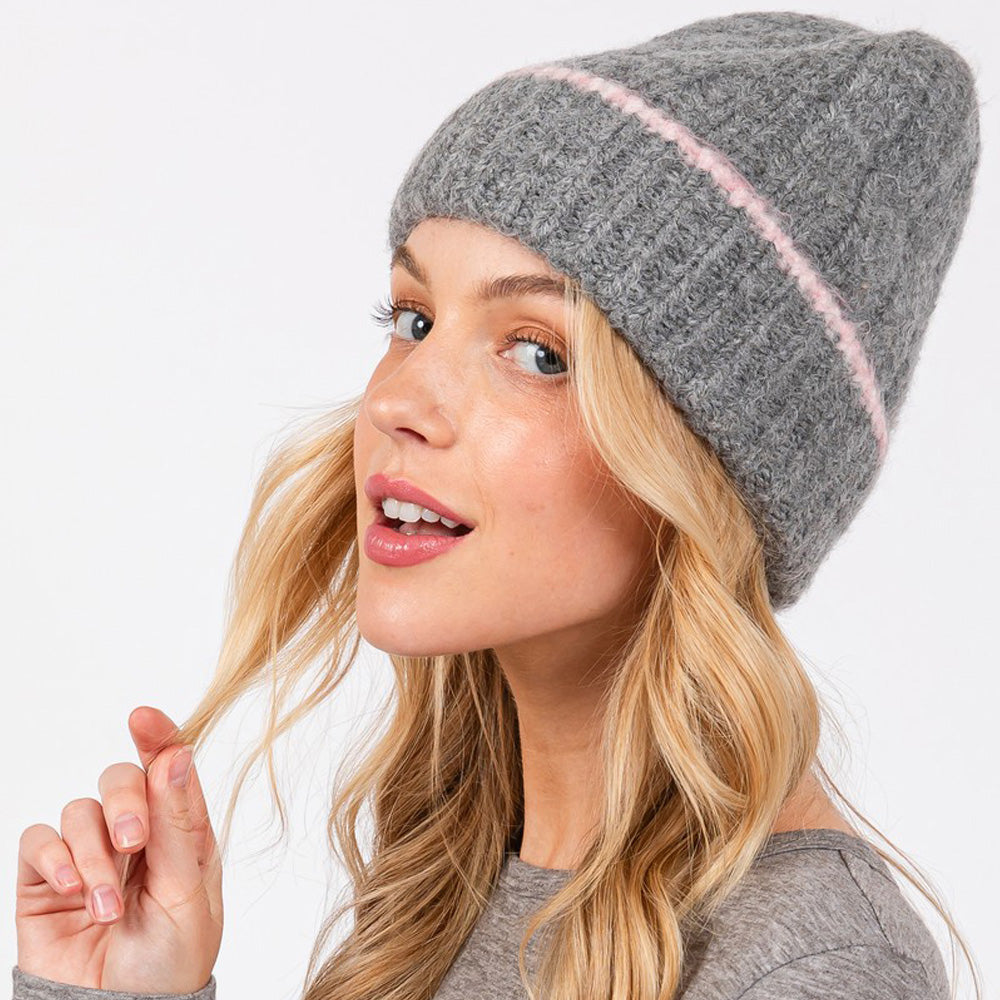 Madeline Love Charcoal Two Tone Line Detailed Beanie Hat - Hats - extra