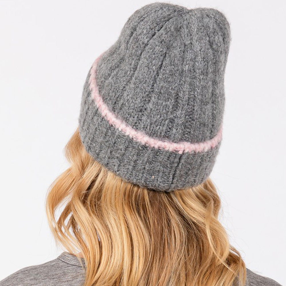Madeline Love Charcoal Two Tone Line Detailed Beanie Hat - Hats - extra