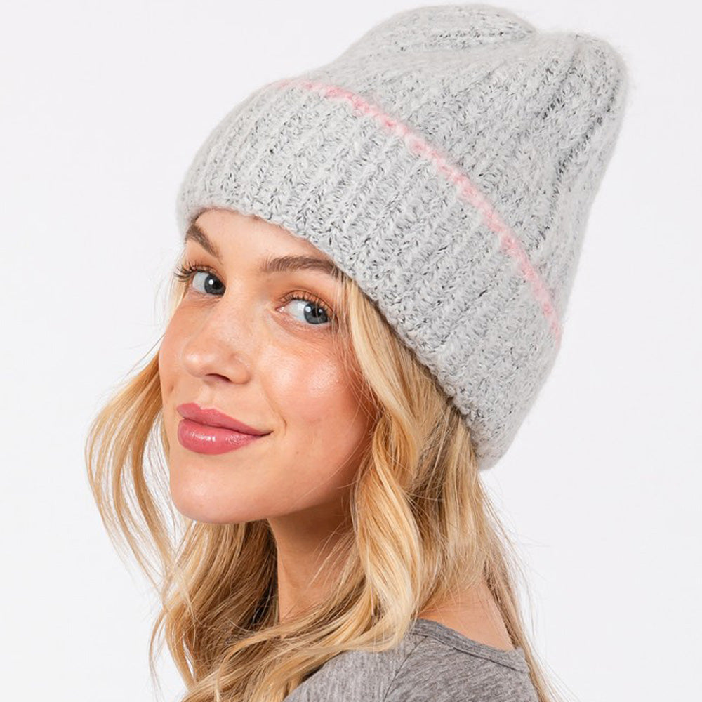 Madeline Love Gray Two Tone Line Detailed Beanie Hat - Hats - desc